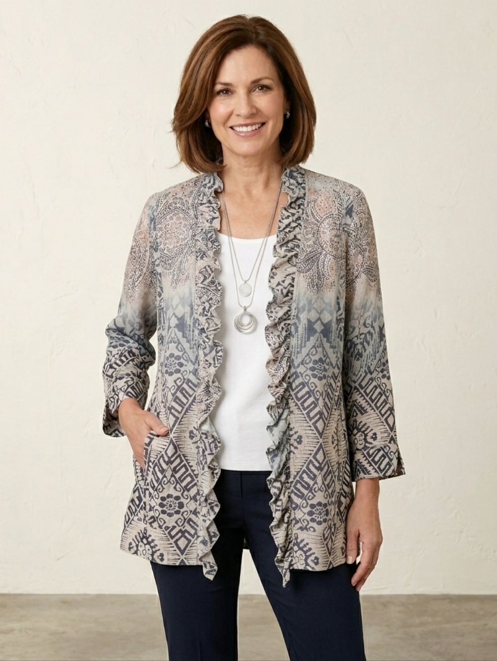 Chico's | Ruffle Front Linen Blend Open Cardigan Earthy Bohemian Coastal Chic XL